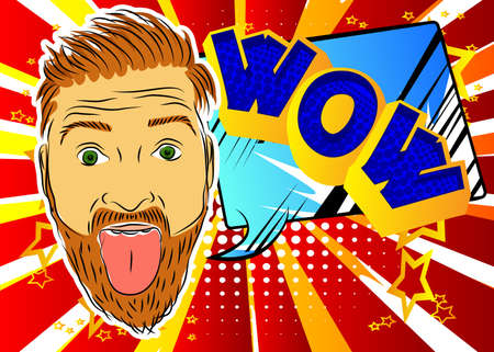 Handsome man making faces and sticking out his tongue over colorful background. Happy Caucasian with...