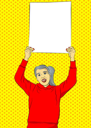 Senior woman holding up blank advertising board or big white paper. Comic book illustrated female on a strike. Vector beautiful grandmother with copy space.のイラスト素材