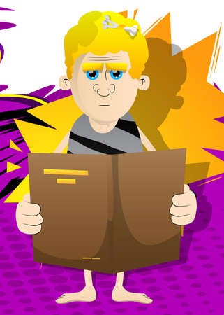 Cartoon prehistoric man reading a book. Vector illustration of a man from the stone age.のイラスト素材