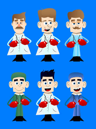 Funny cartoon doctor holding his fists in front of him ready to fight wearing boxing gloves. Vector illustration.のイラスト素材