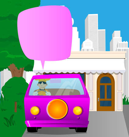 Fat male cartoon chef in uniform driving a van, holding a steering wheel. Vector illustration.のイラスト素材