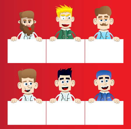 Funny cartoon doctor holding blank sign. Vector illustration. Health care worker with a big banner, paper, poster.のイラスト素材