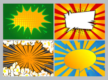 Collection of pop art comic background. Cartoon Vector Illustrations of retro backdrops. Set for your vintage banner, poster, greeting card or anything else.のイラスト素材