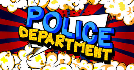 Police Department - comic book word on colorful pop art background. Retro style for prints, posters, social media post, banner. Vector cartoon illustration.のイラスト素材