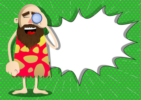 Cartoon prehistoric man holding binoculars in his hand. Vector illustration of a man from the stone age.のイラスト素材