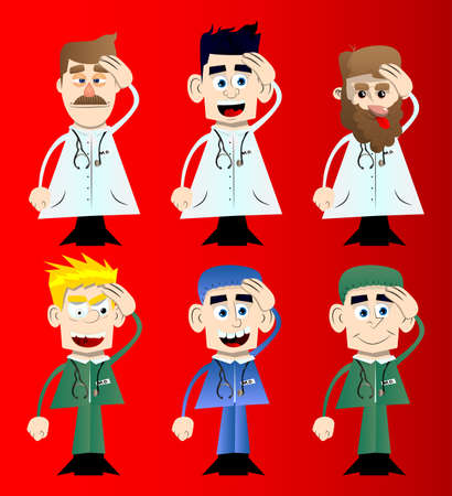 Funny cartoon doctor placing hand on head. Vector illustration. Health care worker with problems thinking on solutions.のイラスト素材