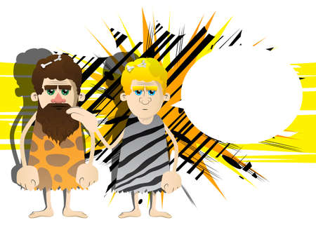 Cartoon prehistoric man comforting another. Vector illustration of a man from the stone age. Helping a friend when he is sad.のイラスト素材