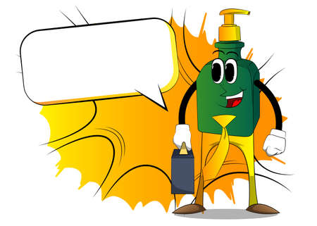 Cartoon bottle of hand sanitizer gel for hygiene with face as boss with suitcase or bag and tie.のイラスト素材