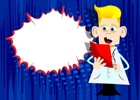 Funny cartoon doctor reading a red book. Vector illustration. Health care worker holding a magazine, diary, brochure.のイラスト素材