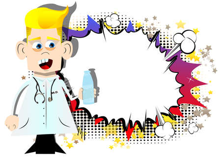 Funny cartoon doctor holding a glass of water. Vector illustration. Health care worker with  a bottle.のイラスト素材