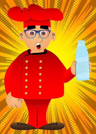Fat male cartoon chef in uniform holding a glass of water. Vector illustration. Cook or baker with  a bottle.のイラスト素材