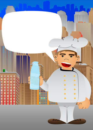 Fat male cartoon chef in uniform holding a glass of water. Vector illustration. Cook or baker with  a bottle.のイラスト素材