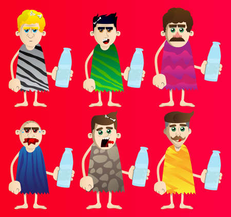 Cartoon prehistoric man holding a glass of water, bottle of fresh drink. Vector illustration of a man from the stone age.のイラスト素材