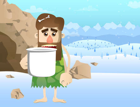Cartoon prehistoric man holding big mug. Vector illustration of a man from the stone age.のイラスト素材