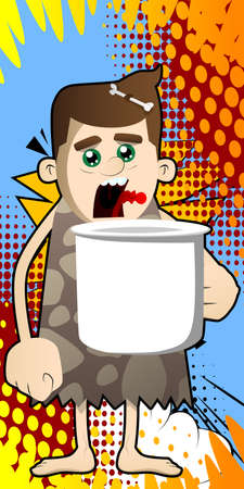 Cartoon prehistoric man holding big mug. Vector illustration of a man from the stone age.のイラスト素材