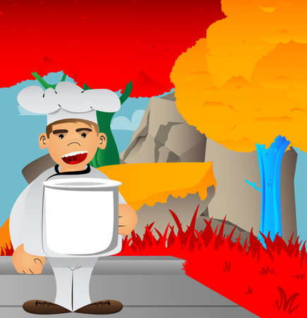 Fat male cartoon chef in uniform holding big mug. Vector illustration. Cook or baker with a huge cup.のイラスト素材