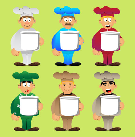 Fat male cartoon chef in uniform holding big mug. Vector illustration. Cook or baker with a huge cup.のイラスト素材