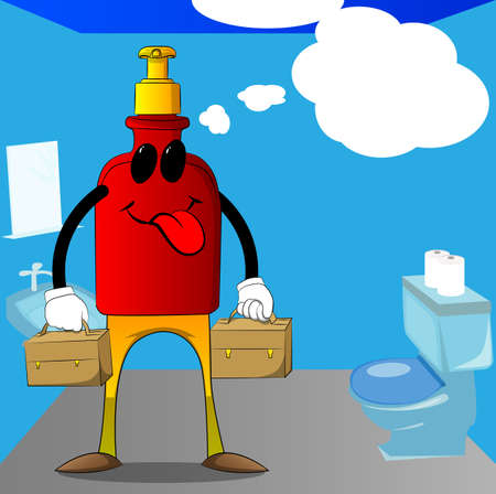 Cartoon bottle of hand sanitizer gel for hygiene with face with two suitcase.のイラスト素材