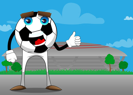 Soccer ball making thumbs up sign. Traditional football ball as a cartoon character with face.のイラスト素材