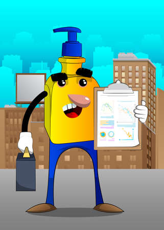 Cartoon bottle of hand sanitizer gel for hygiene with face as a boss with suitcase or bag shows finance report.のイラスト素材