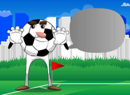 Soccer ball is trying to scare you. Traditional football ball as a cartoon character with face.のイラスト素材