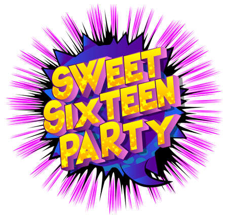Sweet Sixteen Party text on comic book background. Retro pop art comic style social media post, motion poster for the 16th birthdayのイラスト素材