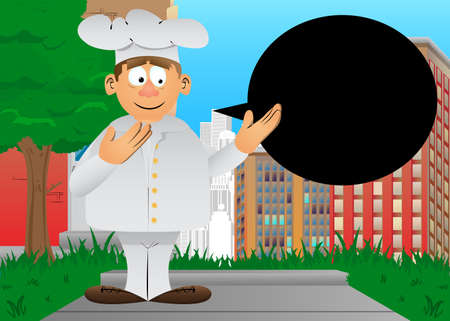 Fat male cartoon chef in uniform showing something with both hands, powerful hand gesture. Vector illustration.のイラスト素材