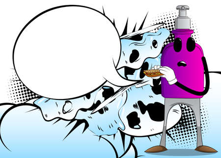 Cartoon bottle of hand sanitizer gel for hygiene with face eating a sandwich.のイラスト素材