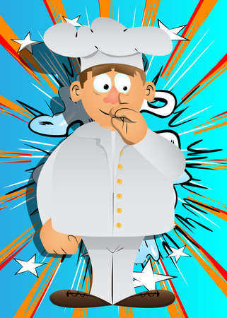 Fat male cartoon chef in uniform with sympathy. Vector illustration. Cook with figner on his nose.のイラスト素材