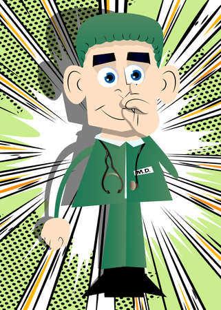 Funny cartoon doctor with sympathy. Vector illustration. Health care worker with finger at his nose.のイラスト素材