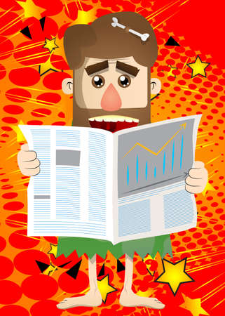 Cartoon prehistoric man reading newspaper. Vector illustration of a man from the stone age.のイラスト素材