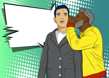 African-American man whispering to his Caucasian coworker, sharing secret gossips into his ear. Comic book style vector illustration.のイラスト素材