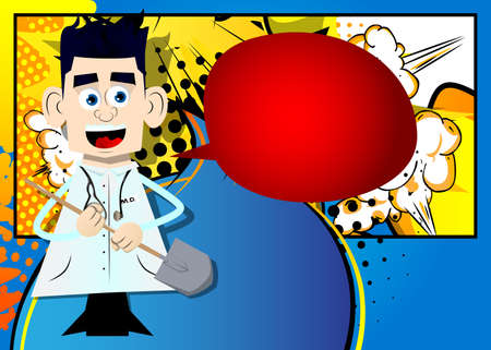 Funny cartoon doctor holding a shovel. Vector illustration. Health care worker ready to dig.
