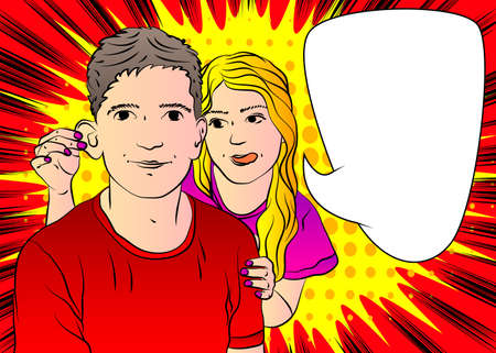 Woman pulling on her boyfriend's ears. Fun or punishment concept. Caucasian funny man with face...