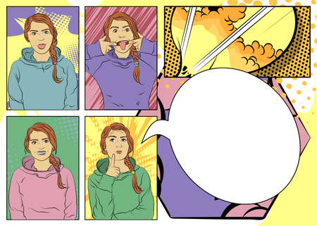 Portrait of a woman making grimace, bares her teeth, thinking, sticking out tongue. Caucasian funny girl. Comic book style vector illustration.のイラスト素材