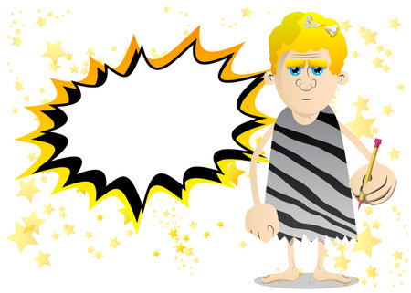 Cartoon prehistoric man writing with pencil. Vector illustration of a man from the stone age.のイラスト素材