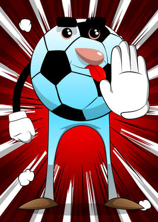 Soccer ball showing deny or refuse hand gesture. Traditional football ball as a cartoon character with face.のイラスト素材