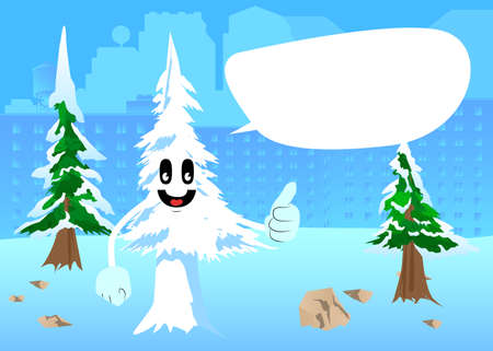 Cartoon winter pine trees with faces making thumbs up sign. Cute forest trees. Snow on pine cartoon character, funny holiday vector illustration.のイラスト素材