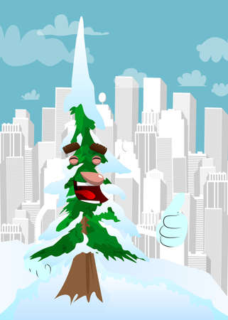 Cartoon winter pine trees with faces making thumbs up sign. Cute forest trees. Snow on pine cartoon character, funny holiday vector illustration.のイラスト素材