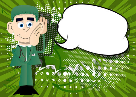 Funny cartoon doctor holds both hand at his ear. Vector illustration. Health care worker listening.のイラスト素材
