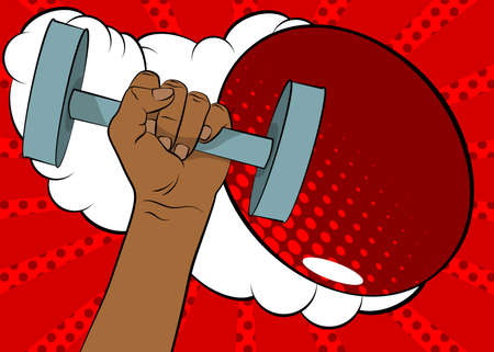 Afro-American woman hand holding dumbbell on comic book background. Cartoon style vector illustration. Drawn fitness equipment.のイラスト素材