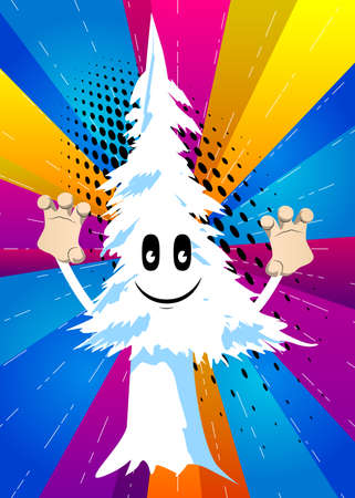 Cartoon winter pine trees with faces is trying to scare you. Cute forest trees. Snow on pine cartoon character, funny holiday vector illustration.のイラスト素材