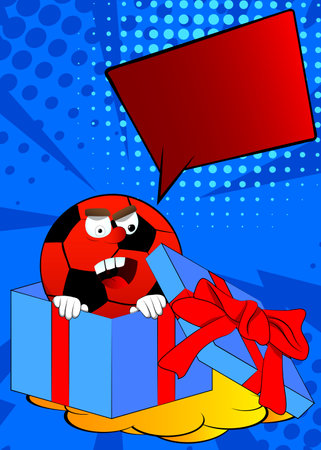 Soccer ball in a gift box. Traditional football ball as a cartoon character with face.のイラスト素材