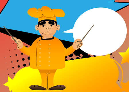 Fat male cartoon chef in uniform as an orchestra conductor. Vector illustration. Bake, cook having fun.のイラスト素材