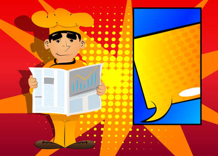 Fat male cartoon chef in uniform reading newspaper. Vector illustration.のイラスト素材