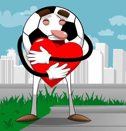 Soccer ball hugging big red heart. Traditional football ball as a cartoon character with face.のイラスト素材