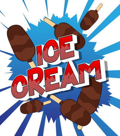 Ice Cream text on comic book background. Retro pop art comic style social media post, invitation or poster. Vector Illustrationのイラスト素材