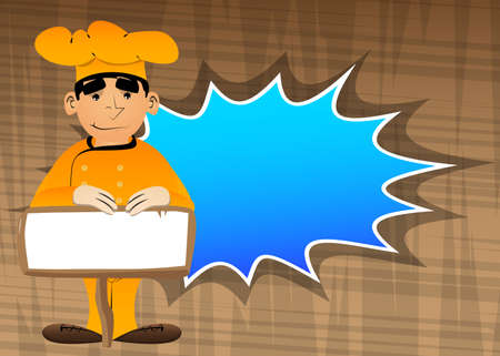 Fat male cartoon chef in uniform with blank paper on wood. Vector illustration. Cook advertising with blank banner.のイラスト素材