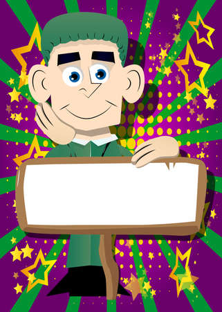 Funny cartoon doctor with blank paper on wood. Vector illustration. Health care worker advertising with blank banner.のイラスト素材
