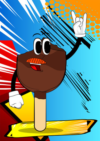 Ice Cream with hands in rocker pose. Summer refreshment, sweet food as a cartoon character with face.のイラスト素材